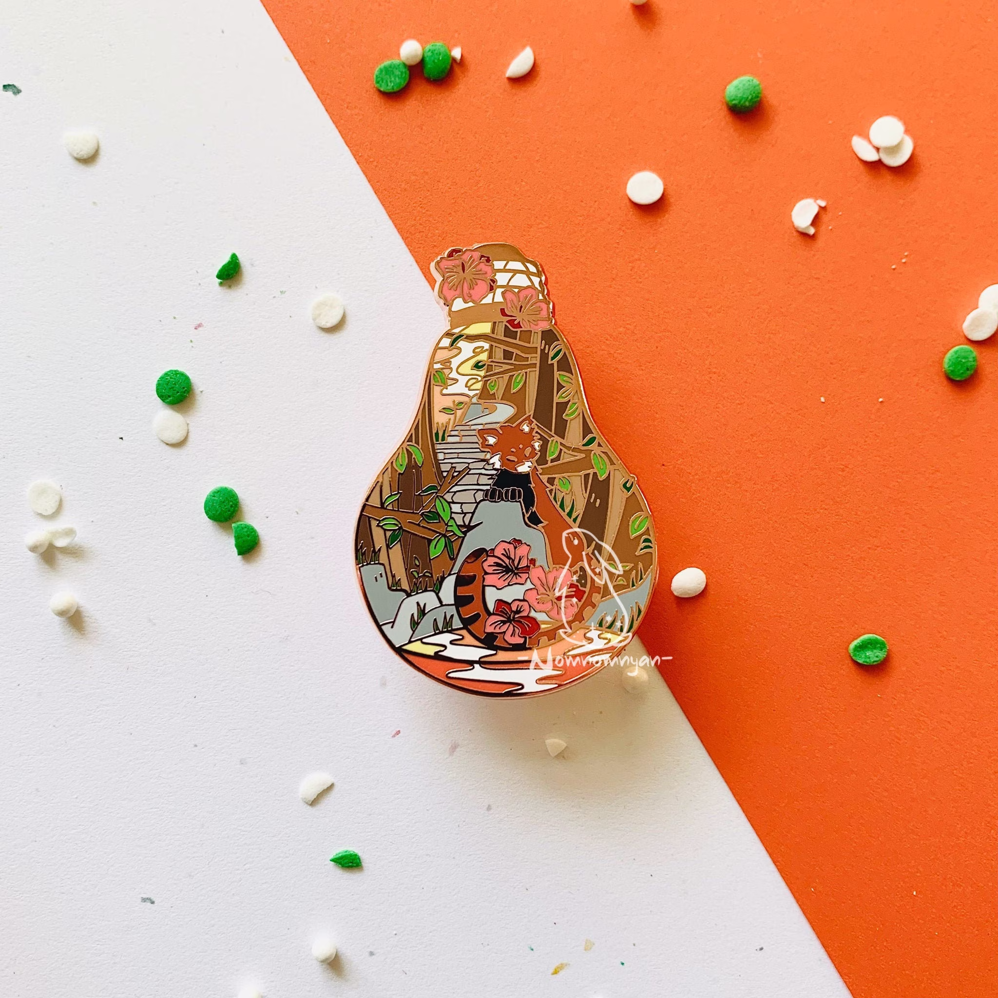 Autumn Red Panda Hibiscus Hard Enamel Pin | Nature Lightbulb 2 Series