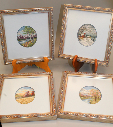 4 Petit Point Season Scenes Nicely Framed & Matted Country Prairie Scenes Grain Elevator, Barn. Mountains, River