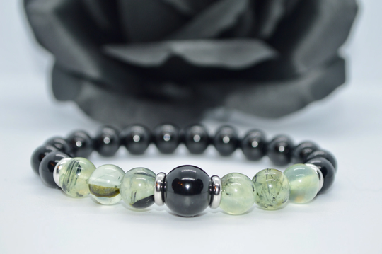 Prehnite & Black Onyx Stretchy Beaded Bracelet, Brings Peace Harmony, Grounding Protection, Enhances Inner Strength, Witchy Gift