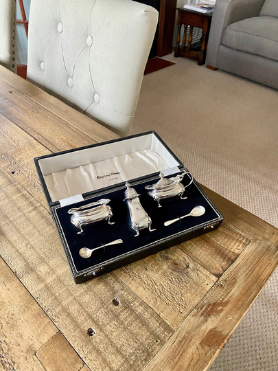 Ornate Antique Solid Silver Cruet Set in Box. Salts, Pepper Pot & Mustard Pot