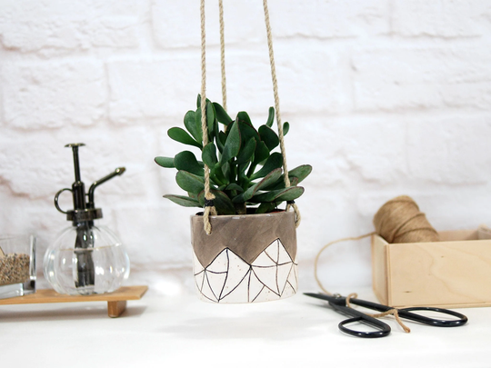 Modern Hanging Planter Pot // Flower | Hand-Painted Texture in Speckled White Indoor & Outdoor Garden Ceramic Plant Lover Gift