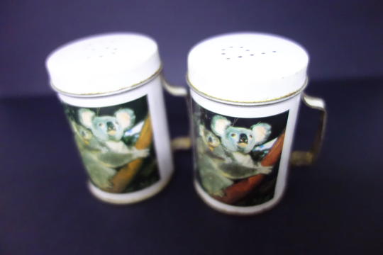 Vintage Australiana Tin Salt & Pepper Shakers - Souvenir Koala Kangaroo Metal With Handles