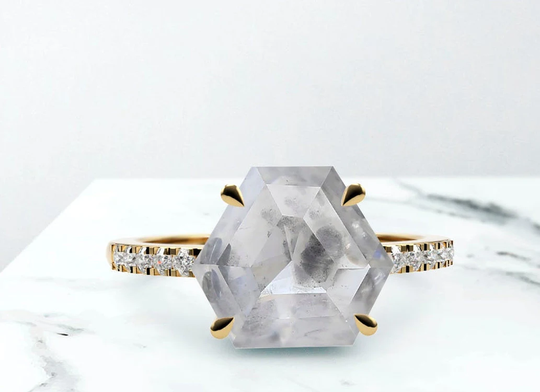 Natural Handmade 1.59 Carat Gray Stone Round & Pentagon Shape Diamonds, Salt & Pepper Ring in 14K White, Yellow Rose Gold