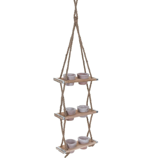 3 Tier Wooden Plant Holder - Hanging Flower Pot Indoor Outdoor On Ropes