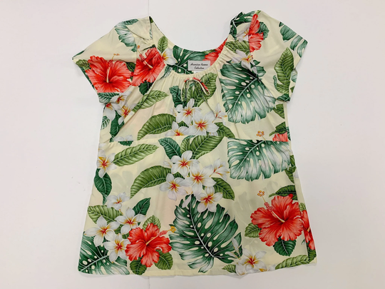 Women's Rayon Empire Peasant Blouse, Made in Hawaii, Hibiscus, Plumeria, Fern Design