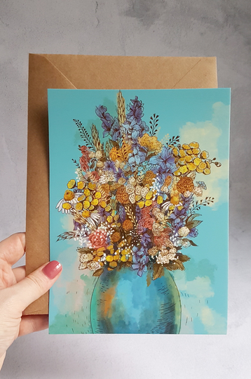 Flowers Vase Card Wildflowers Bouquet Cottagecore Flowers Card Gift For Mum Postcard A5