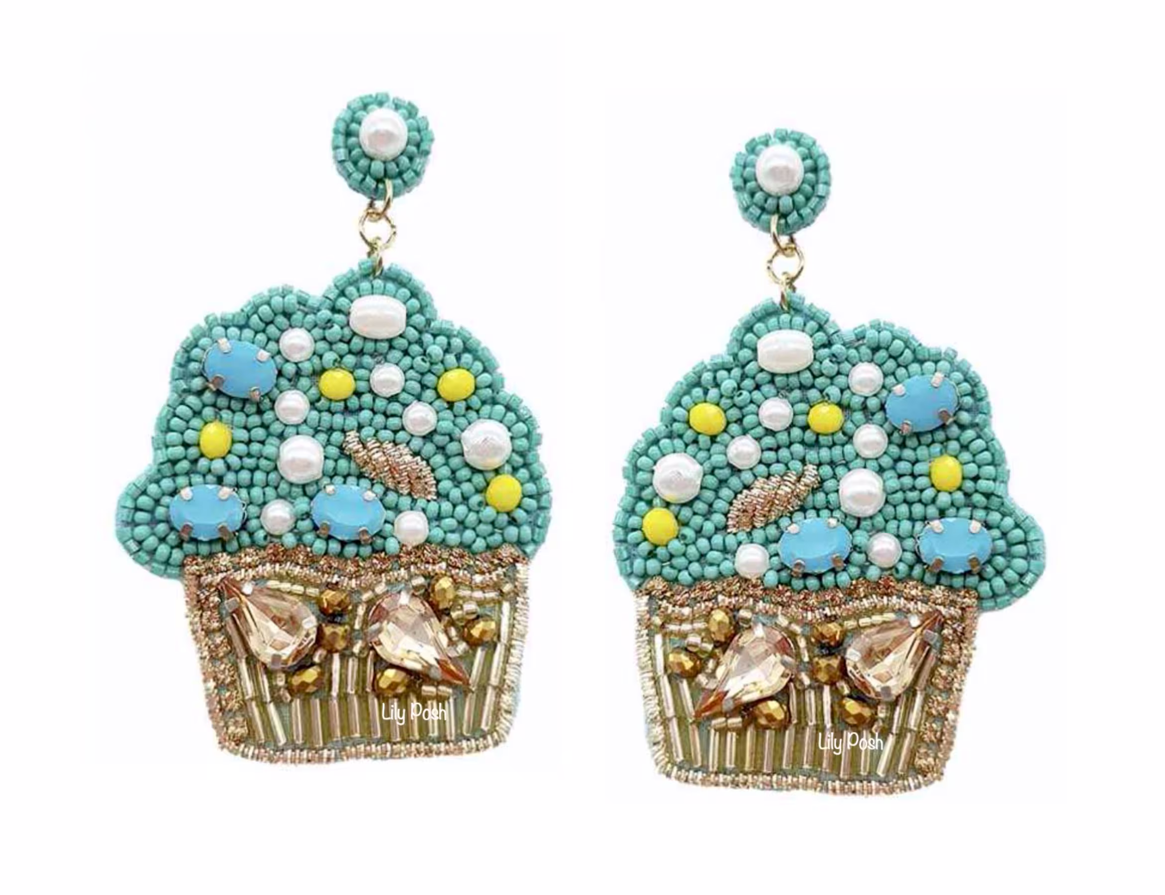 Cupcake Earring, Seed Bead Statement Fun Embellished Dessert, Donut, Cupcake, Party Favor