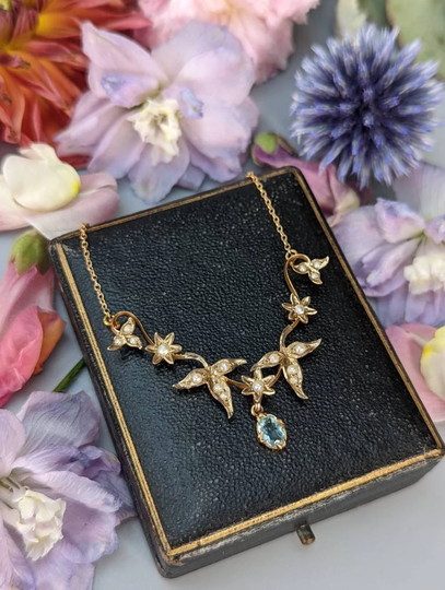 Antique Victorian Aquamarine & Seed Pearl Gold Foliate Necklace Length 40cm