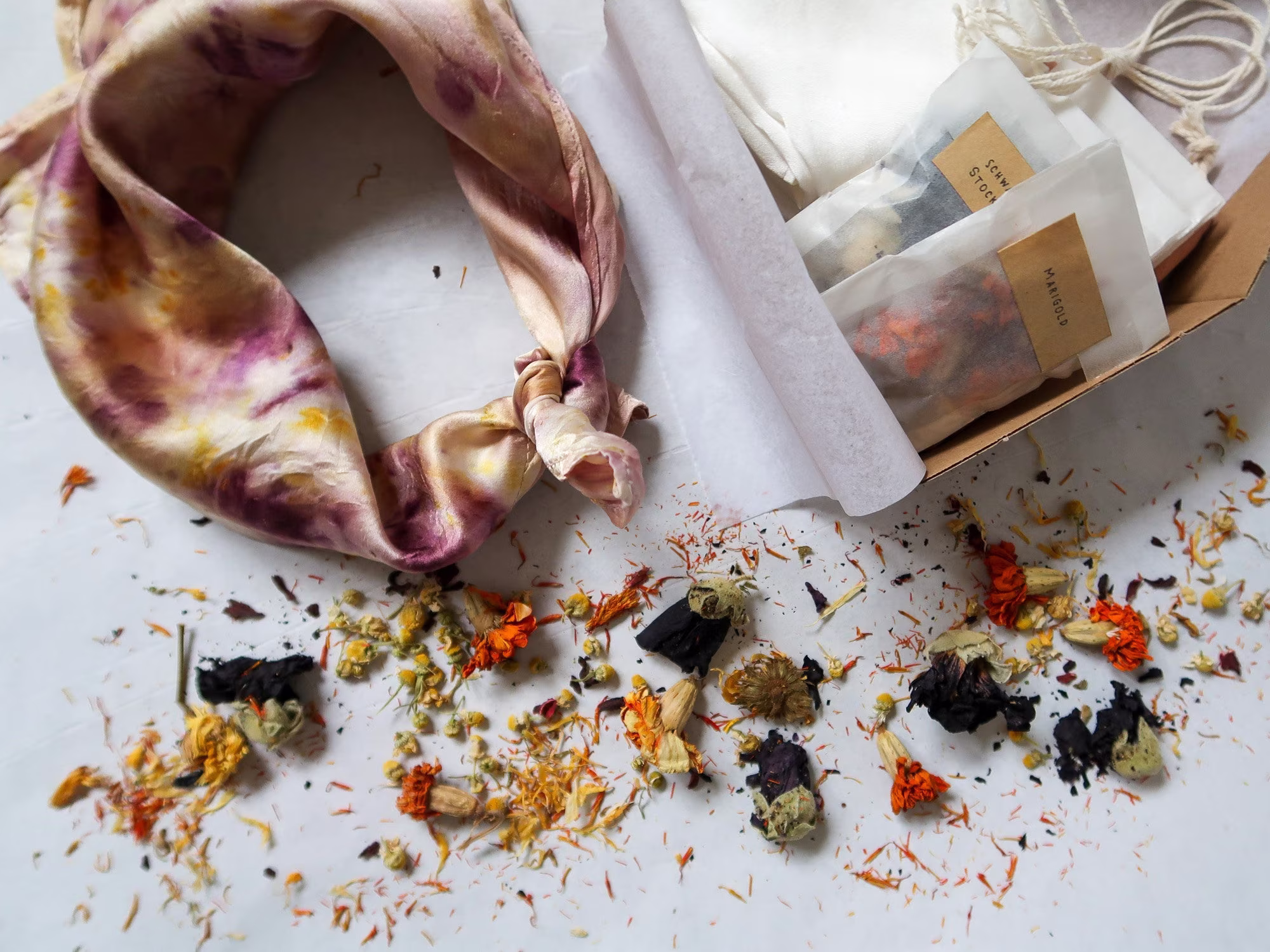 Natural Bundle Dye Kit - Your Own Unique Peace Silk Scarf | Cotton Bandana Scrunchie Learn All About Natural Dyes & Their Potential