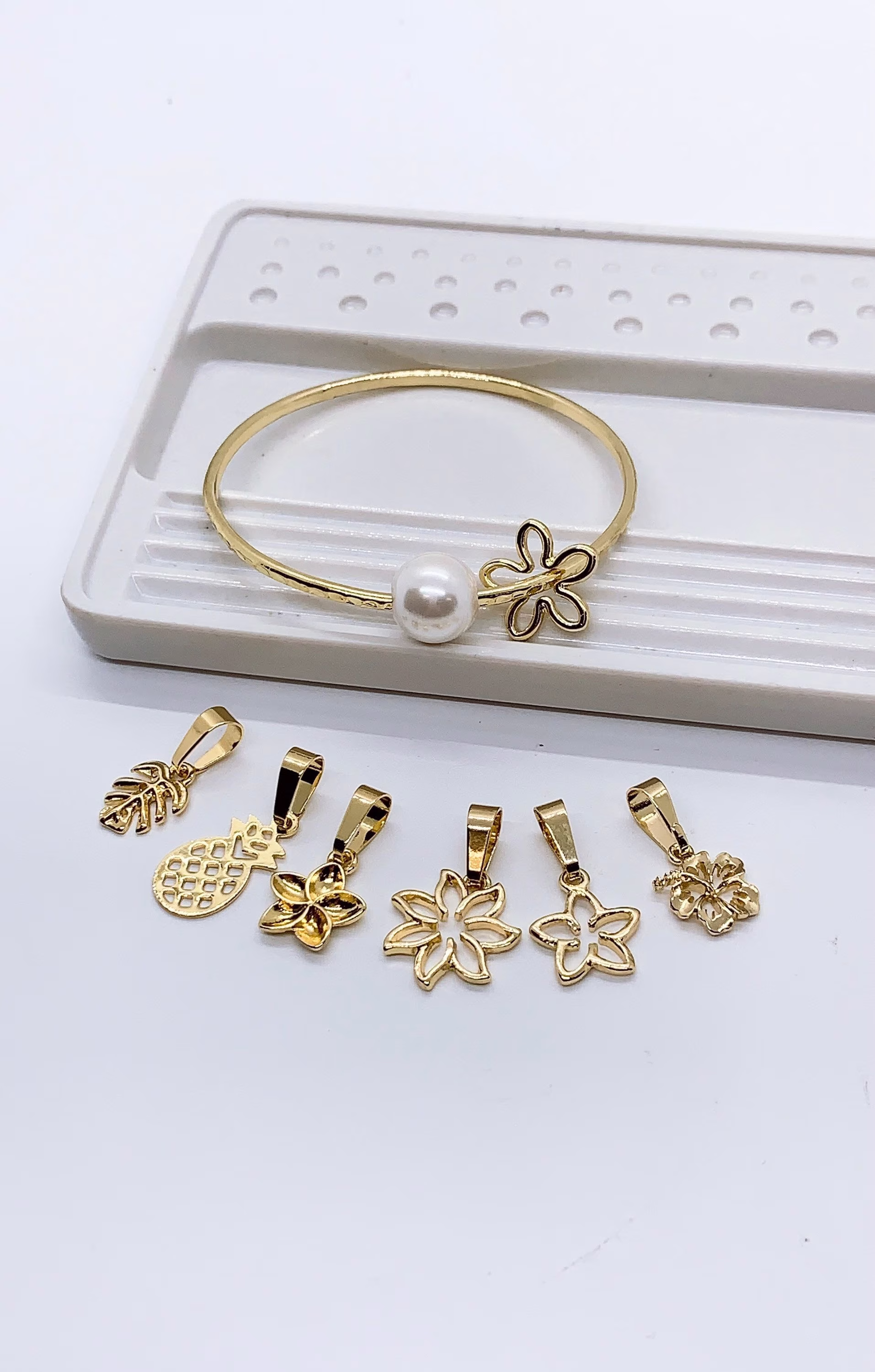 straight Bangle With Flower Charm & White Shell Pearl Add On Plumeria Pineapple Tiare Monstera Leaf Hibiscus