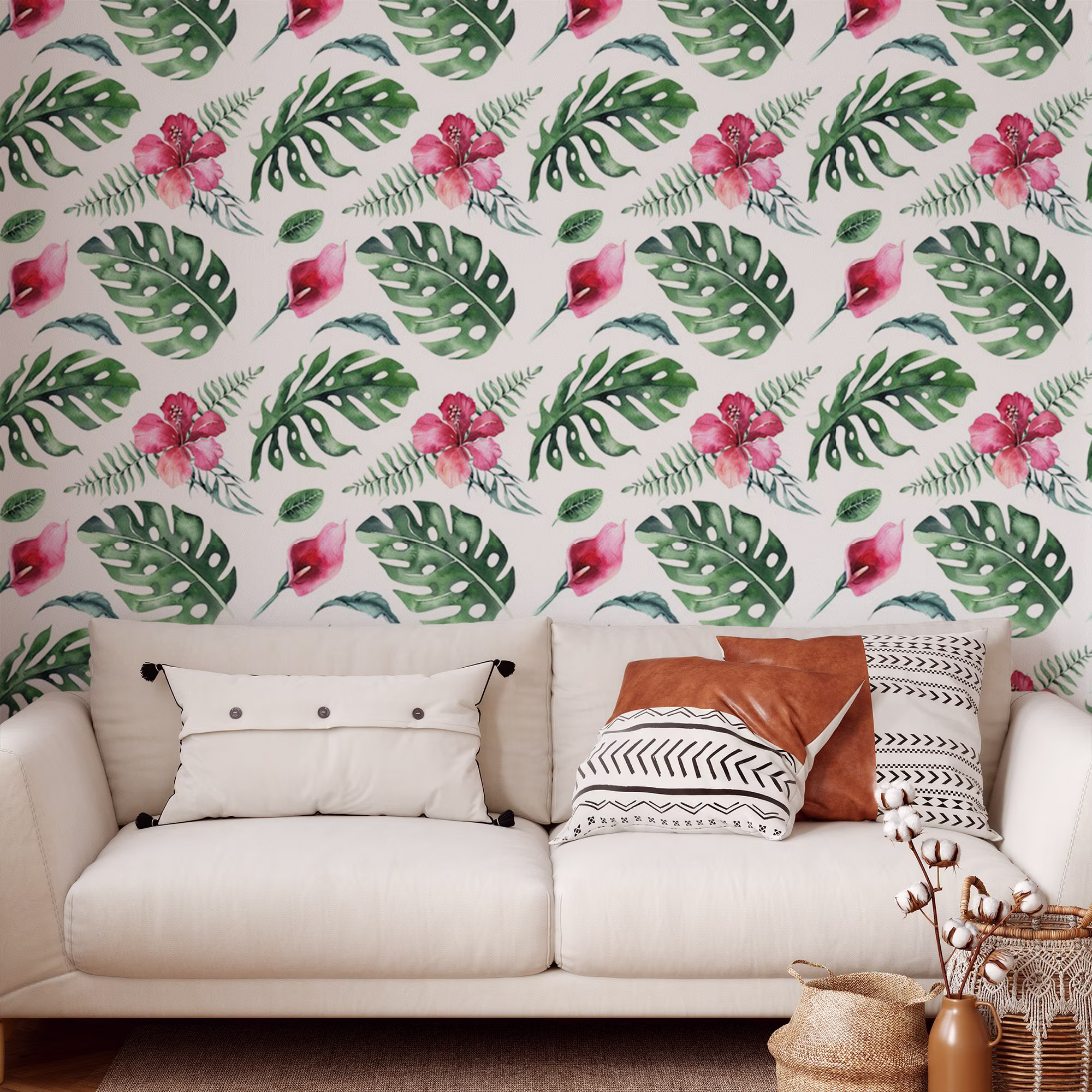 Hibiscus Pattern Removable Wallpaper, Pretty Flower Wall Cling, Botanical Peel & Stick, Modern Home Decor, Decorative Mural Decal