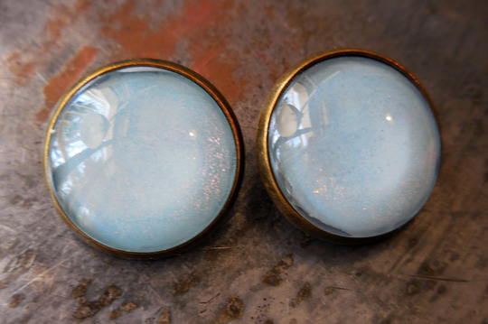 Powder Blue Clip On Earrings, Sparkly Glitter Ice Blue Sky Pale Bronze Clips Glass Moon Elven Galactic Breezy Dawn Tropical