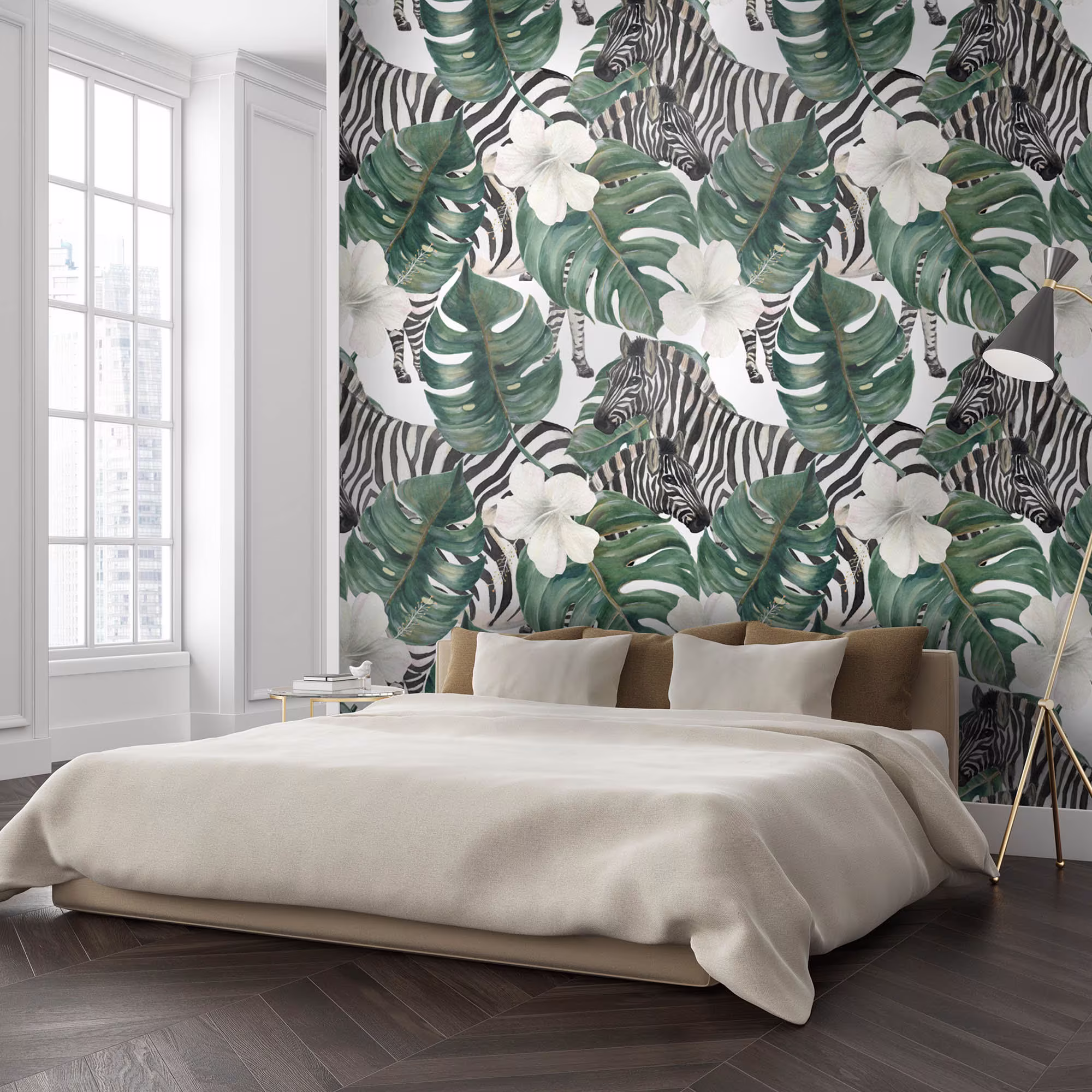 Tropical Wallpaper/Zebra Watercolor Style Hibiscus Flowers Jungle Theme