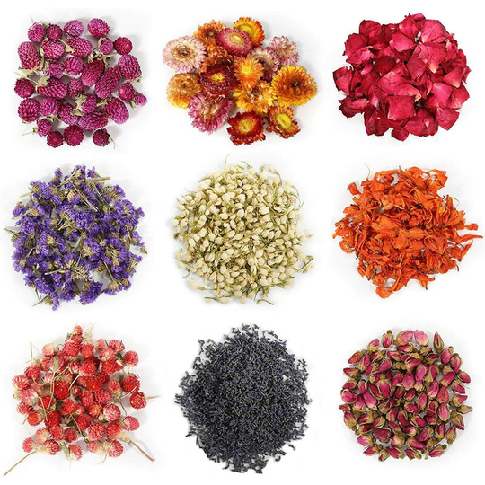 Fuhuidatrading - 9 Bags Natural Dried Flowers Kit, Natural Dried Herbs with 2 Mesh Drawstring Bag for Soap,Candle,Resin Jewelry Making,Bath,Nail