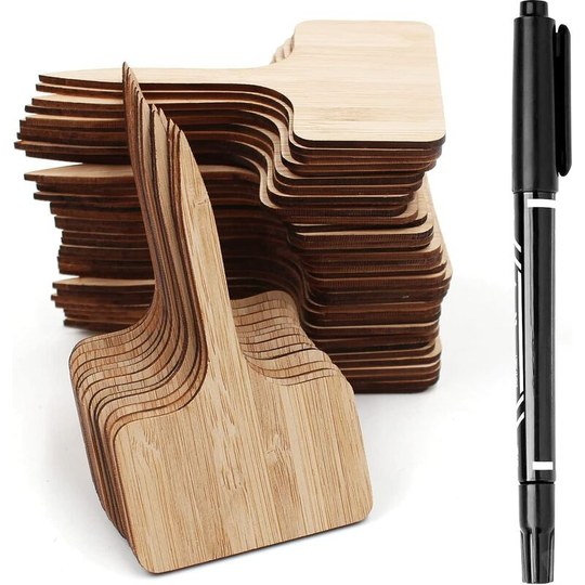 50Pcs Bamboo Plant Tags with Marker Pen, Plant Tags Wooden T-Type Garden Markers for Seeds Pot Herbs
