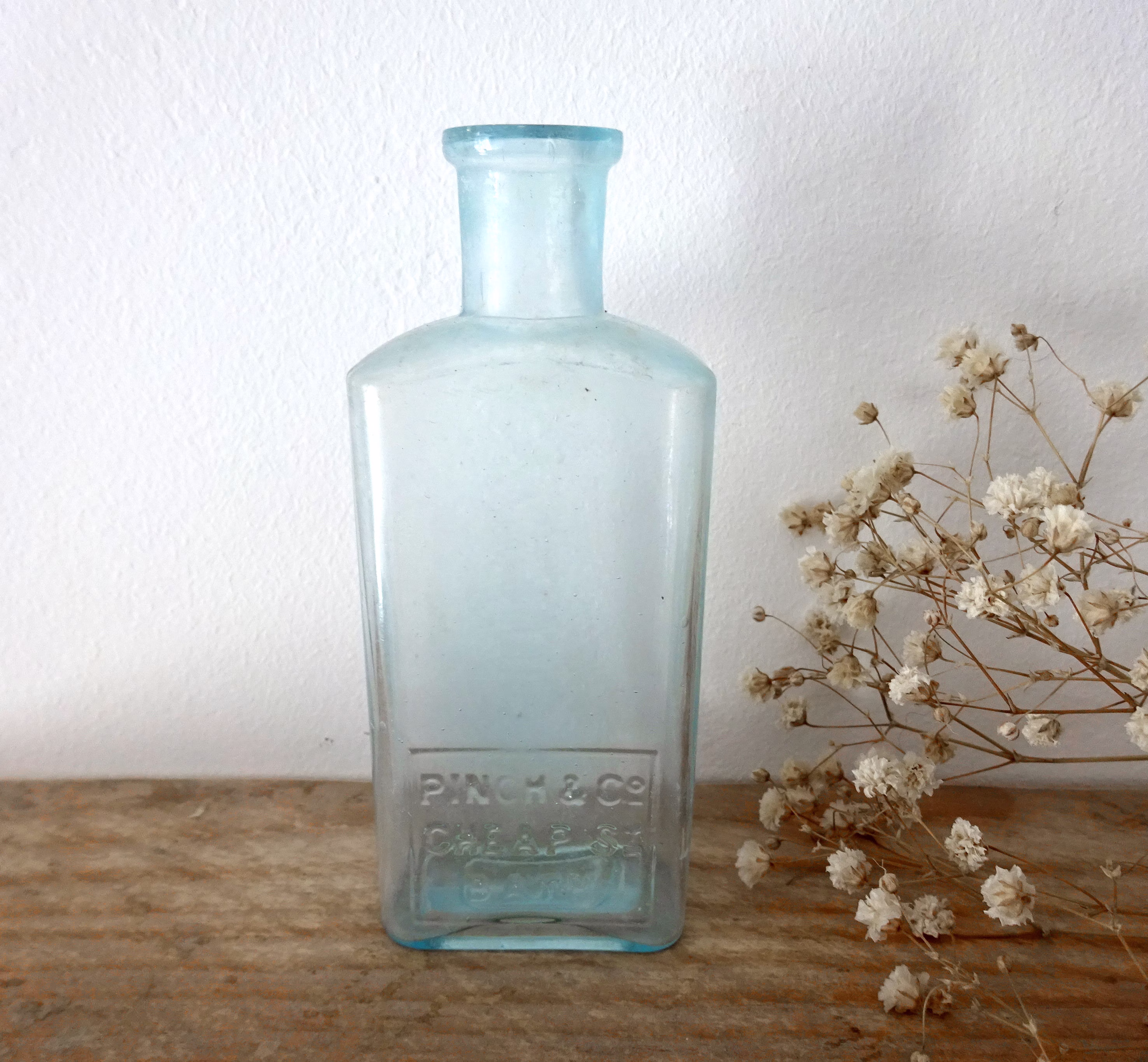 Antique Ice Blue Glass Bottle Embossed Pinch & Co, Cheap St, Bath. Chemist, Medicine Bottle, Victorian Edwardian Druggist Wood Bros