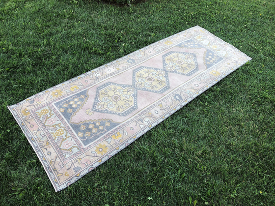 Turkish Runner Pink, Oushak Rug, Vintage Kitchen Boho Entryway Hallway Pastel Floral Rug 3'5"x9'9