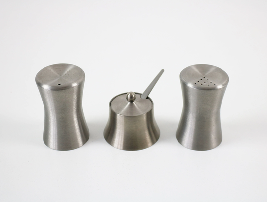 Modernist Brushed Steel Cruet Salt, Pepper & Mustard Set With Original Spoon By Chichester 60S 70S