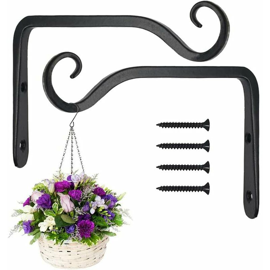 Naxunnn - 2 Pack Black Wall Hanging Hooks, Metal Wrought Iron Hanging Basket Brackets, Hanging Basket Holder for Bird Feeders/Plants/Lanterns/Wind