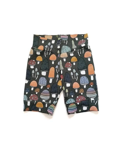 Organic Baby & Kids Shorts, Toadstool Print Bicycle Capri Length, Fungi Print, Unisex Summer Clothes