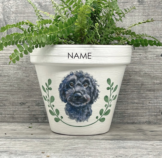 Personalised Black-Grey Cockapoo Dog Plant Pot Gift. Dog Memorial Keepsake Flower Planter. Lovers Birthday Gift Terracotta
