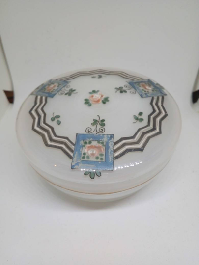 Art Deco Style Glass Trinket Round Pot/Dish - Powder Jewellery Beauty Dressing Table Aztec Rose Black White Pink Design