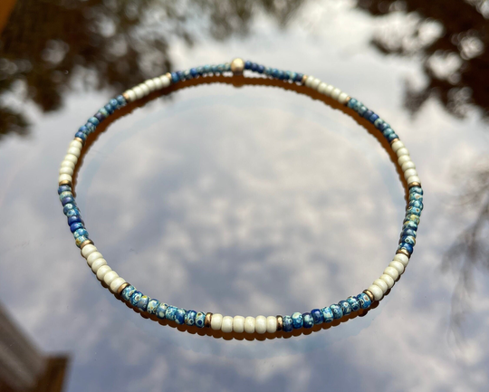 Cobalt Blue Picasso & Cream Seed Bead Stretch Ankle Bracelet | Tiny Jewelry