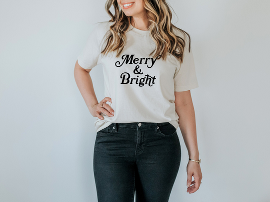 Merry & Bright Organic Adult Tee Vintage Style Graphic For Women & Men Cream Holiday Made in Usa