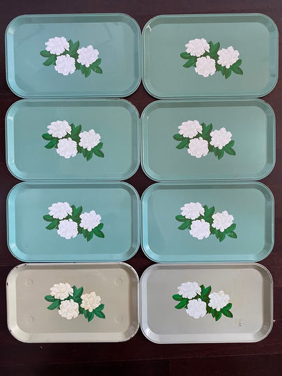 Tin Serving Trays Or Organizers Grey Blue Floral With White Magnolias