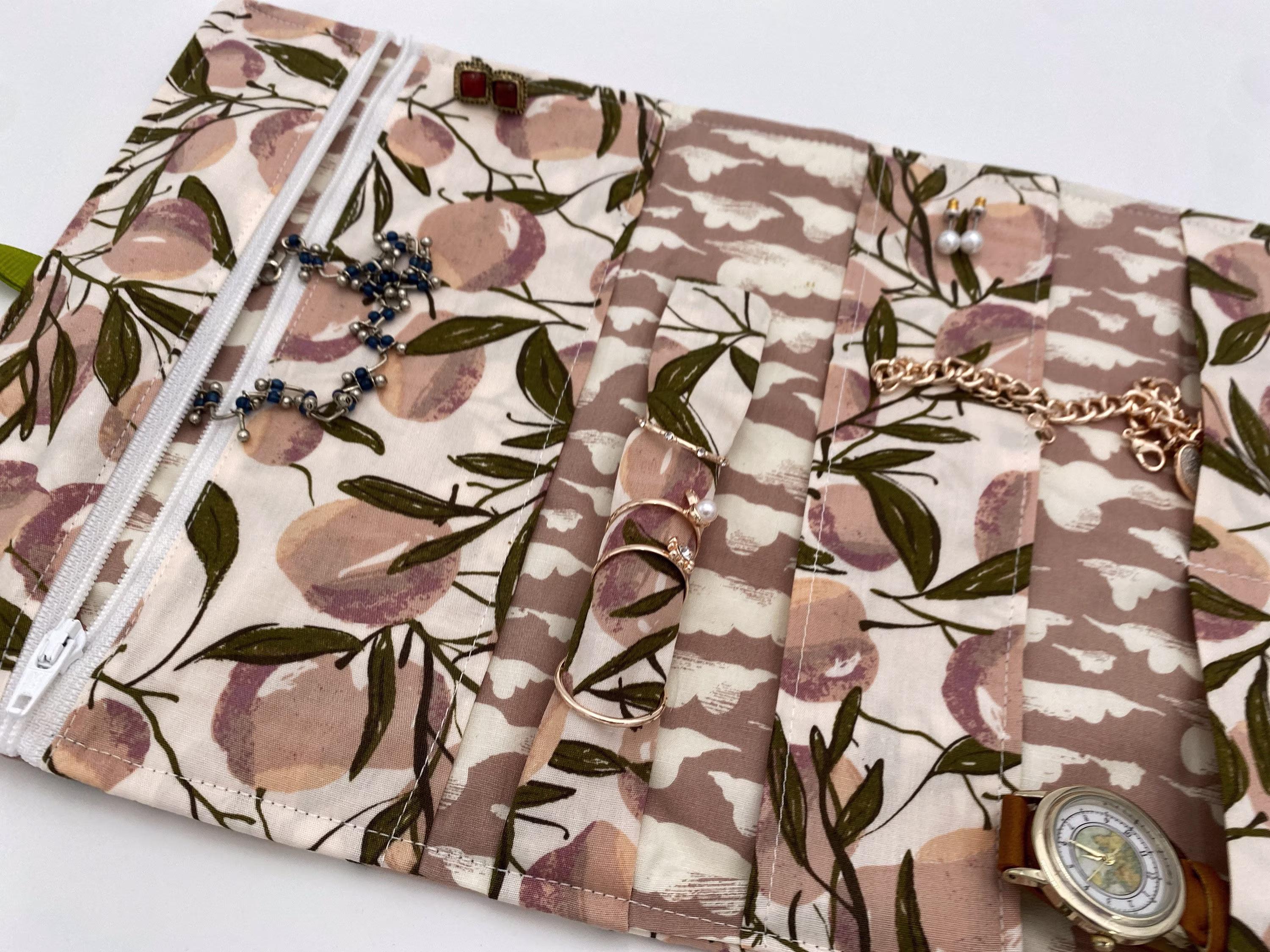 Jewelry Organizer, Roll Fabric Pouch, Travel Case Red - Herstory Floral