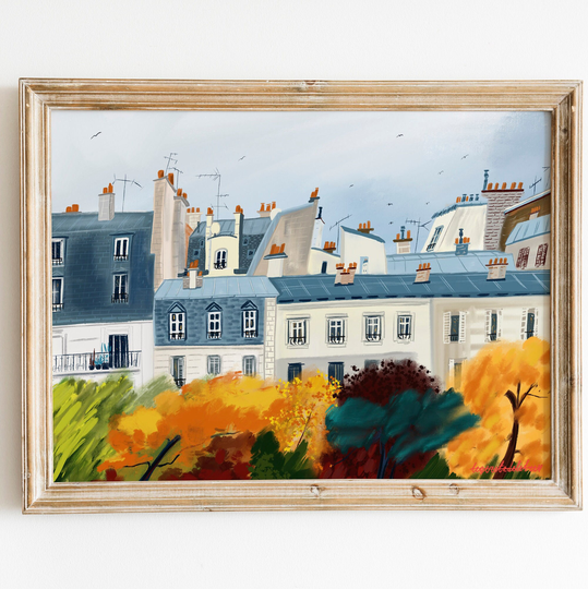 Parisian Rooftops Poster|Autumn Season in Paris Wall Art|Parisian Buildings Panorama Poster|Paris Fall Illustration|Paris Souvenir Art
