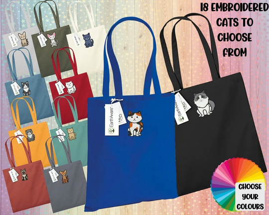 Embroidered Cat Breeds Organic Cotton Canvas Tote Bag Reusable Shopping Environmentally Friendly Choose Yor & Its Colours