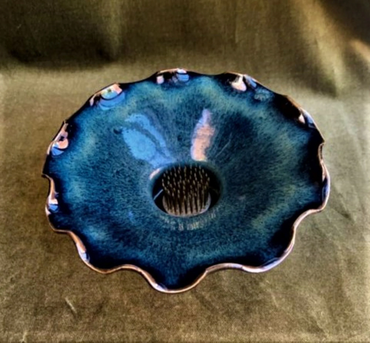 Vintage North Carolina Pottery Signed Glazed Posy Bowl With Frog