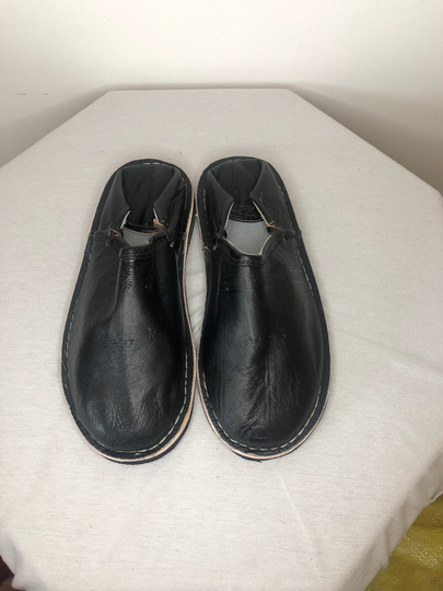 Moroccan Men's Black Organic Leather Handmade Round Toe Slippers, Size UK 6 Eu 39, Gift For Him