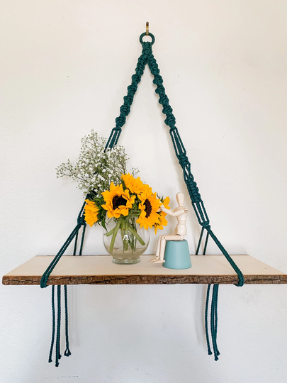 Forest Green Macrame Hanging Shelf, Natural Wood | Floating Rustic Vintage Style Boho Chic - Rope Shelve| Triangle Swing Shelfs