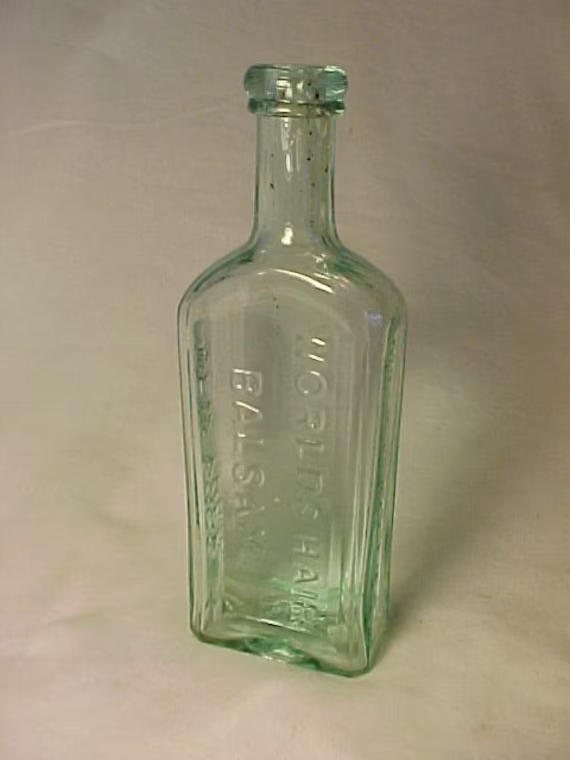 C1870S Mrs. S. A. Allen's Worlds Hair Balsam New York, Cork Top Aqua Blown Glass Tonic Barber Bottle , Shop Decor