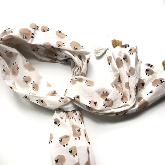 Sheep Cream & White Organic Cotton Hand Block Printed Scarf| Summer Stole| Beach Wrap| Head Hijab| Women's Gift| Accessory