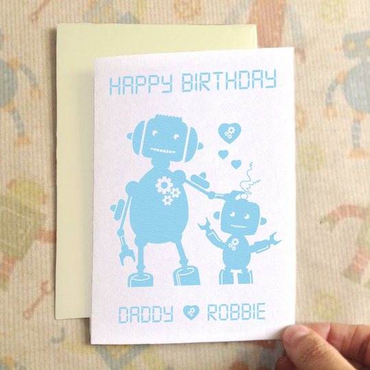 Personalised Robot Birthday Card, Powder Blue/Blue/White