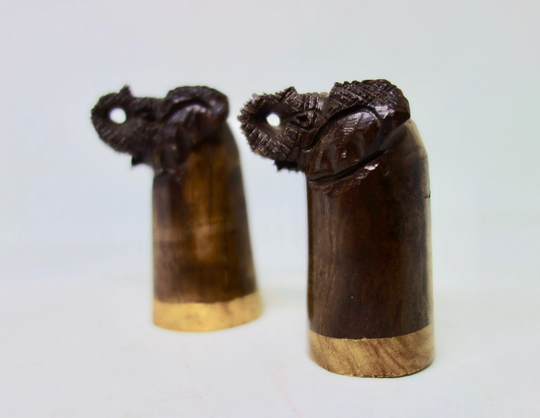 Vintage Salt & Pepper Shakers - Unusual Carved Wooden Elephant Heads