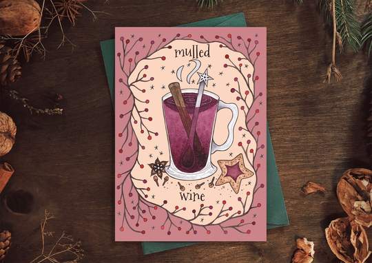 Mulled Wine Greetings Card & Envelope - Cute Purple Pink Festive Spiced Seasonal Winter Christmas Hot Drink Illustration