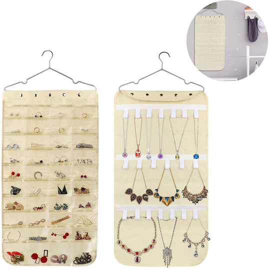 Hanging Jewelry Organizer, 40 Double Sided Pockets and 20 Magic Ribbon Hook Jewelry Organizer, Jewelry Chain Organizer, Beige