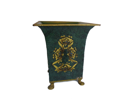 Metal Toleware Clawfoot Cachepot Planter Green With Gold Design Made in India