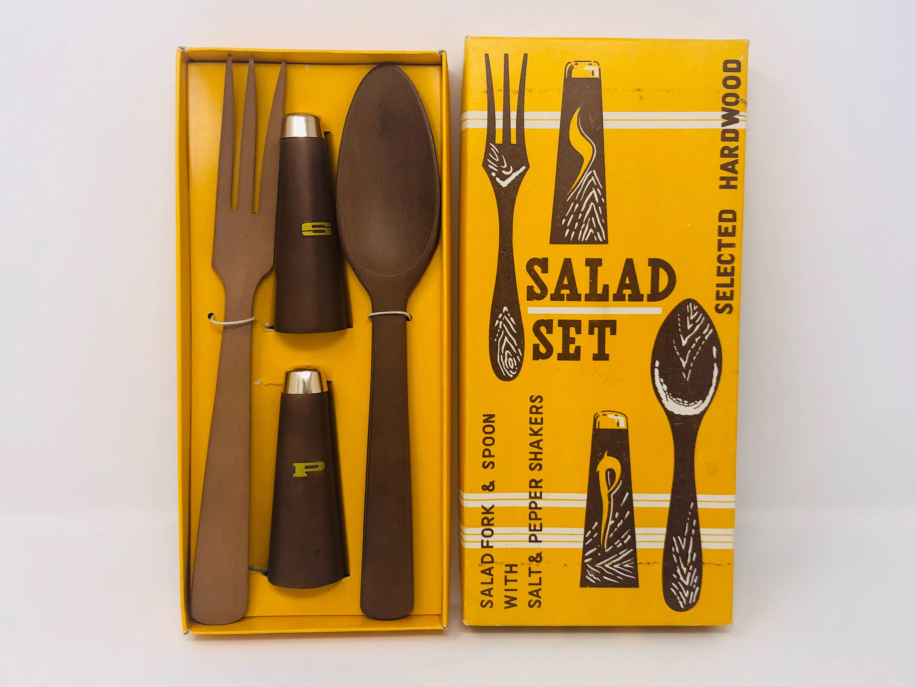 Salad Spoon Fork Set With Salt Pepper Shakers Original Box Never Used 1960S Hardwood Vintage Kitchen Collectibles 1970S