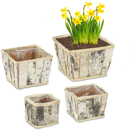 Relaxdays - 4x Square Flowerpots, Birch Bark, Flowers & Herbs, Plant Baskets with Foil Lining, in 4 Sizes, Wooden, Natural