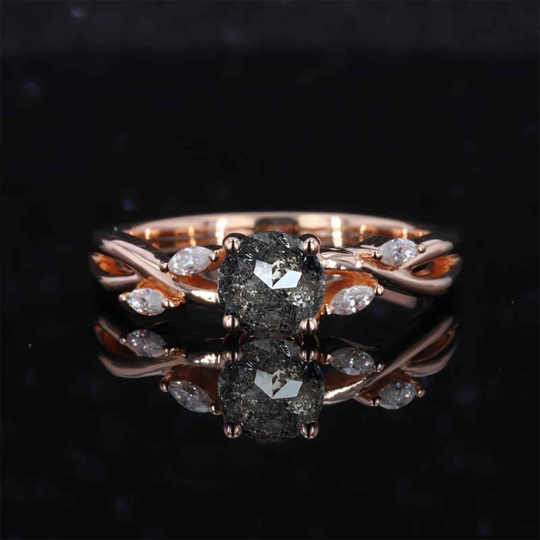 Salt & Pepper Diamond Marquise Engagement Ring | Split Shank Dainty Wedding Bridal Art Deco Vintage Anniversary