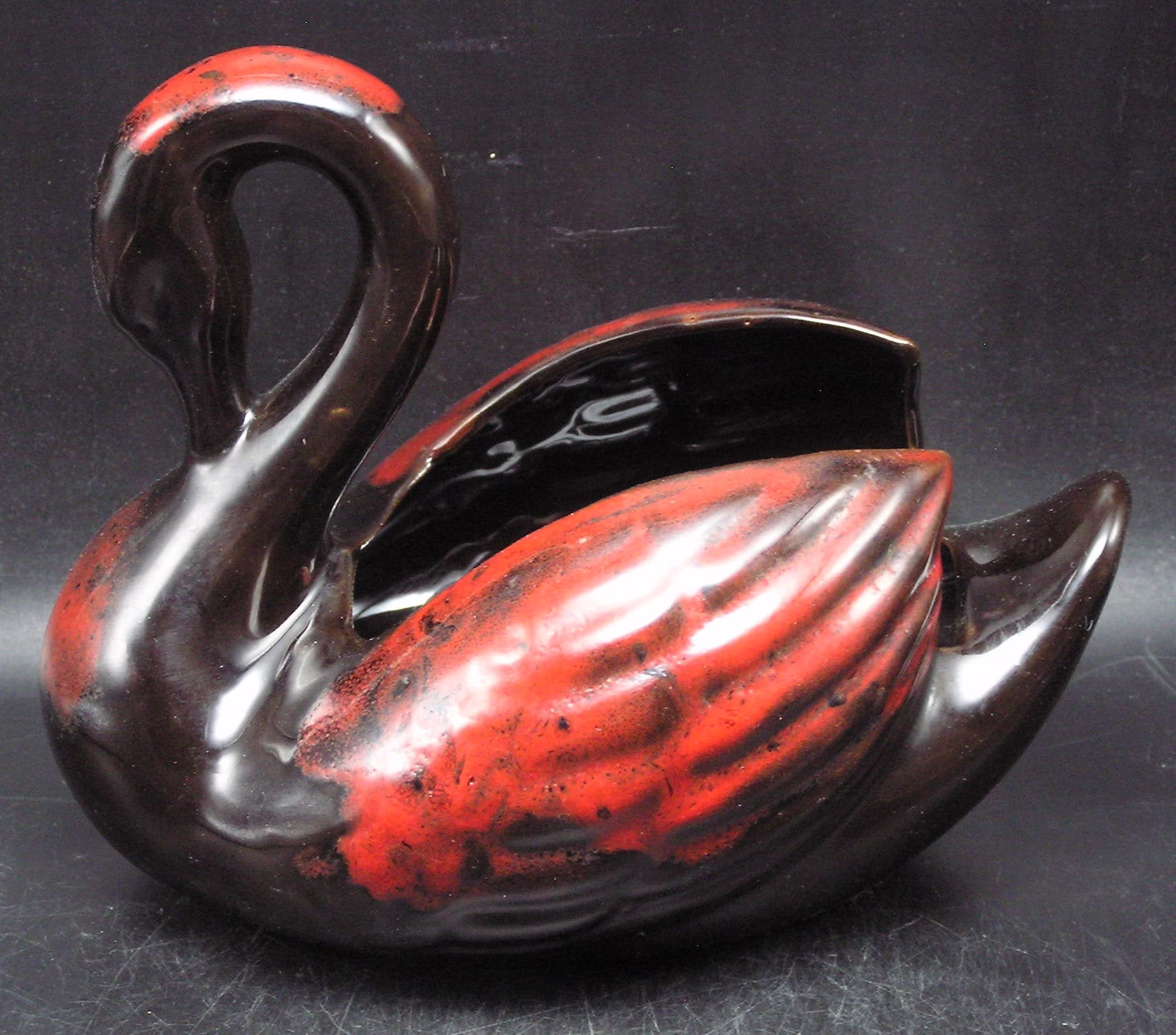Vintage Royal Canadian Art Pottery Swan Planter, Red/Brown, Foil Label, 7
