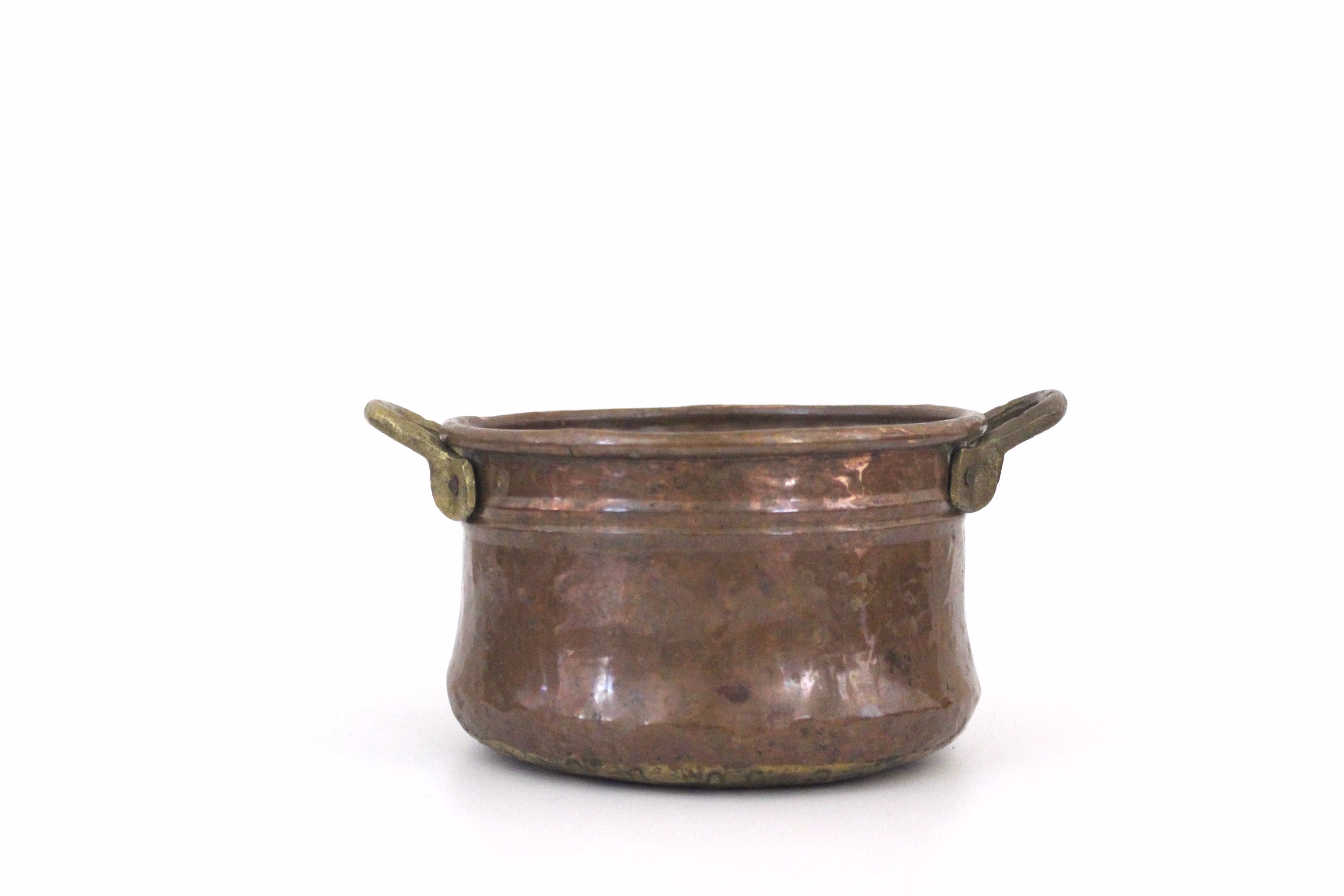 Small Vintage Round Planter in Solid Copper With Brass Handles || Traditional Retro Jardiniere/Plant Pot Fabulous Patina