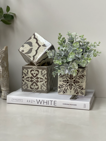 Grey - White Ceramic Plant Pots 10cm, Rustic Planters, Indoor Pots, Square Pot, Art Deco Distressed, Succulent Pot Gift