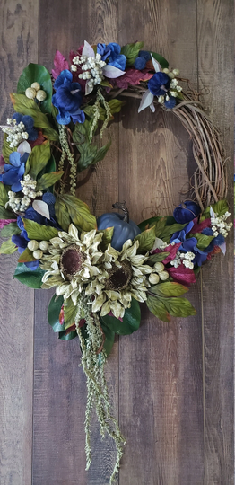 Unique Fall Wreath, Thanksgiving Decor, Blue Pumpkin Season Wreath