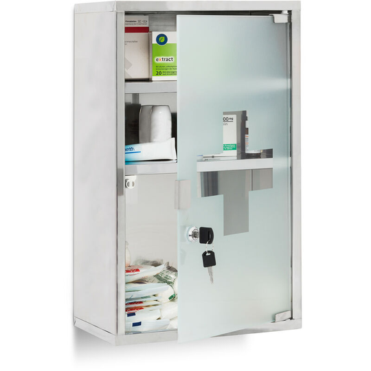 Emergency Medicine Cabinet xl, Stainless Steel, 50.5 x 30 x 18 cm with 3 Shelves And Glass-Door, Lockable With 2 Keys, Silver - Relaxdays